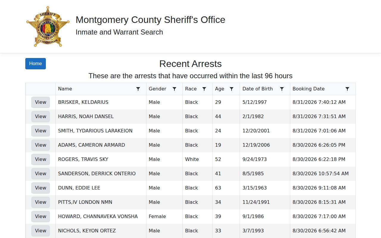 Montgomery County 96-hour recent arrests booking view