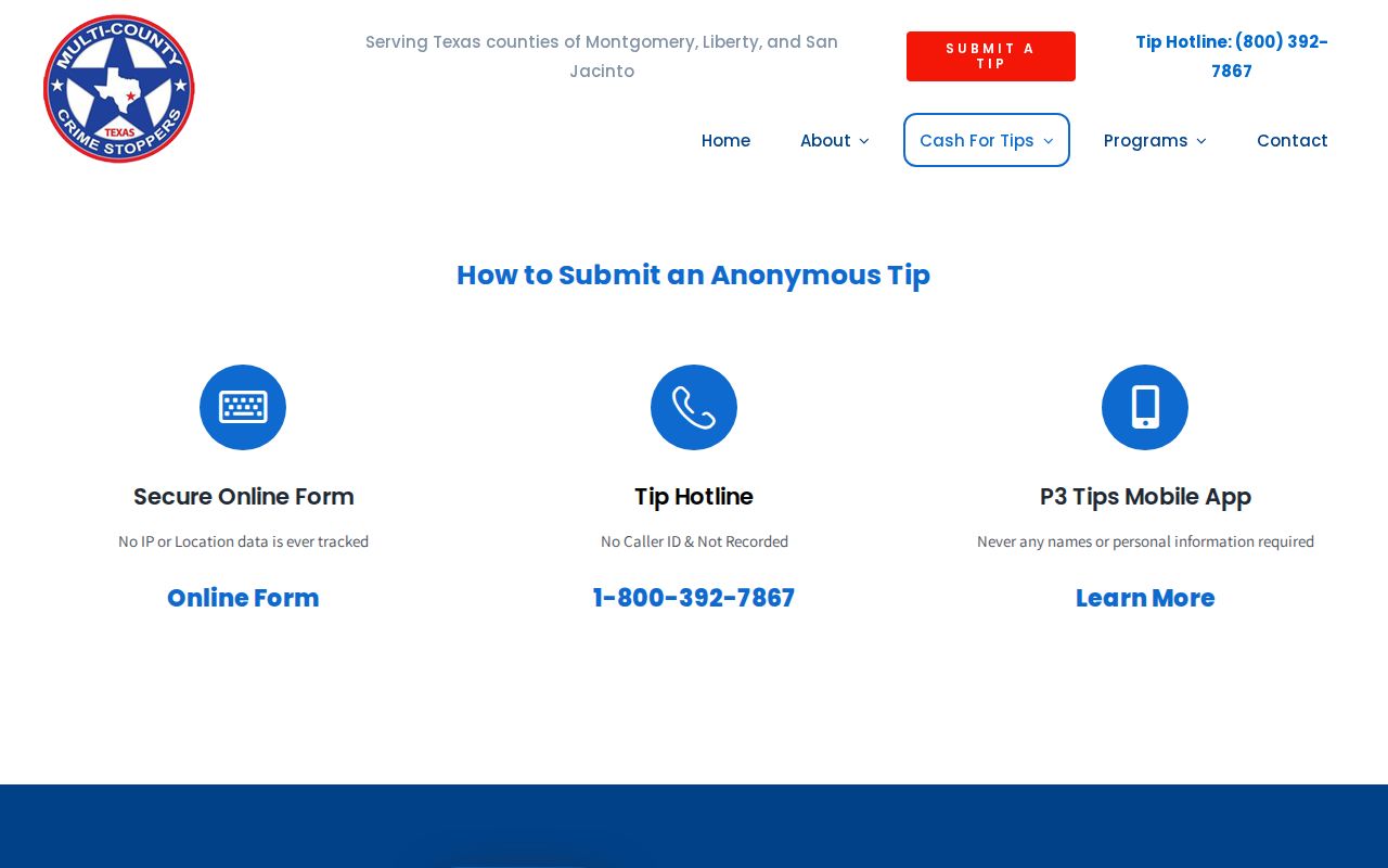 Montgomery County wanted-list Crime Stoppers anonymous tip route