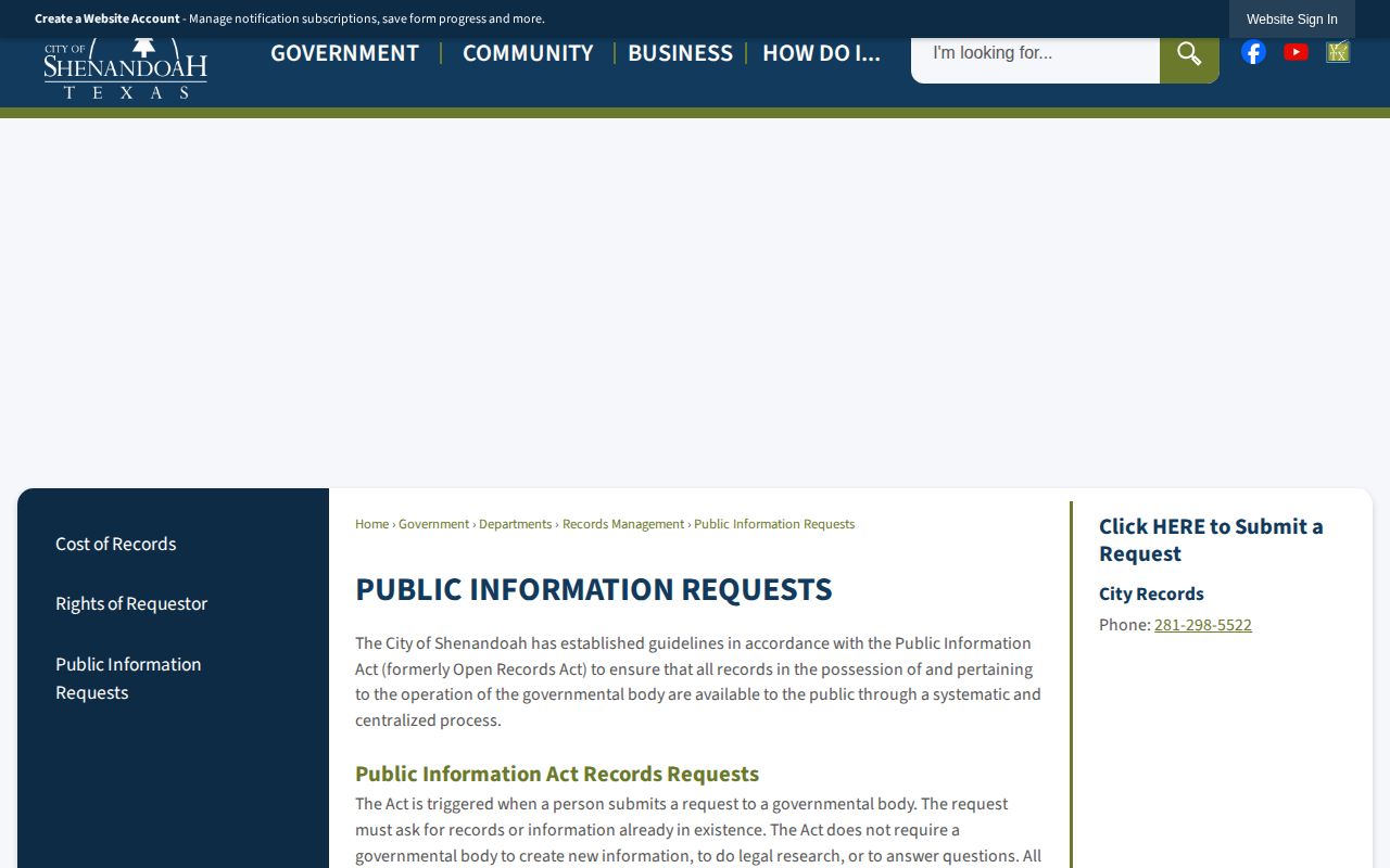 Shenandoah Police Department public-information request page for arrest records