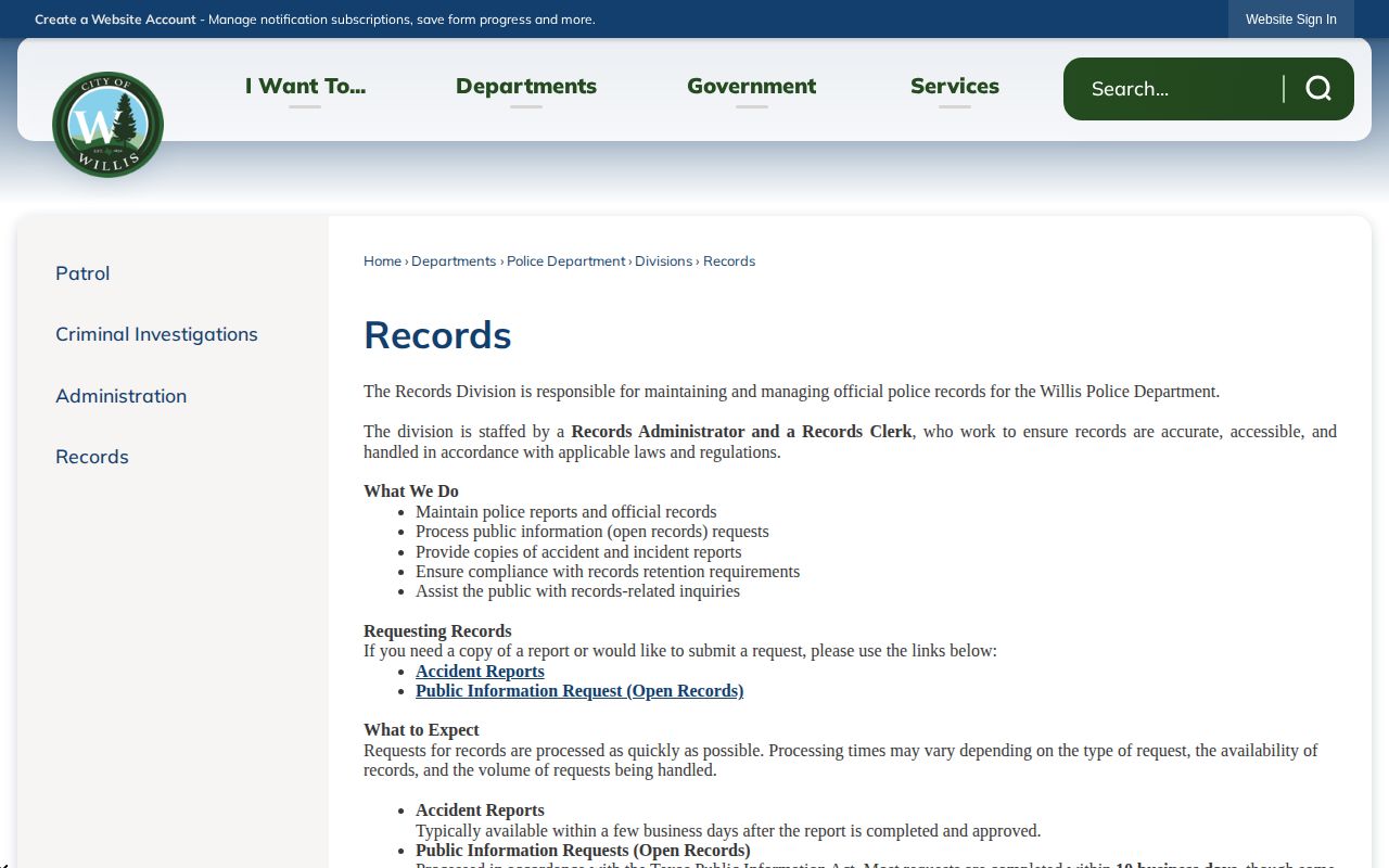 Willis Records Division official Montgomery County arrest-record request information